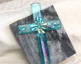 Made to Order Into the Light Aqua Dichroic Mosaic Fused Glass Cross Green Wall Hanging Religious Art Turquoise Confirmation Baptism Gift