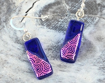 Dichroic Fused Glass Earrings: Cobalt Blue Swirl, Sterling Silver