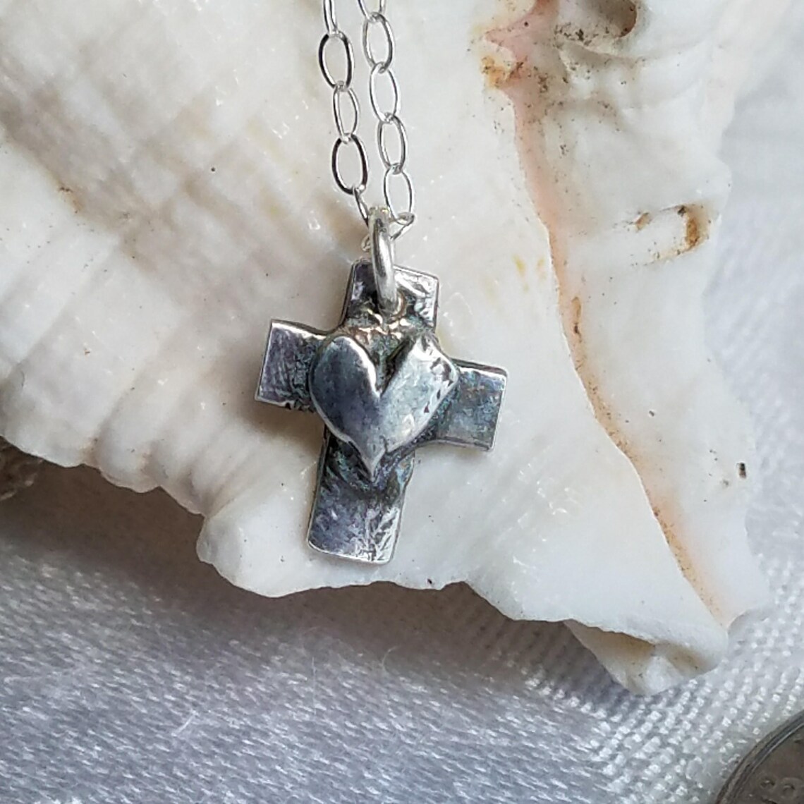 Tiny Fine Silver Cross With Heart Necklace Dainty Pmc Cross Etsy