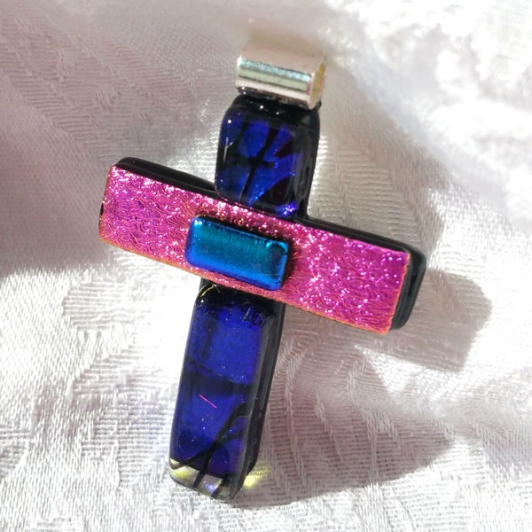 Blue PInk Dichroic Fused Glass Cross Pendant, Mosaic Glass Cross Necklace, OOAK Confirmation Cross, Blue Dichroic Cross,  Art Glass Cross