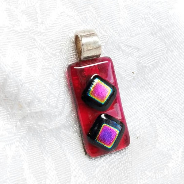 Red Pink Fused Glass Pendant Fine Silver PMC Bail, pink purple Dichroic Glass Necklace, OOAK Artisan Valentine's Necklace, Modern necklace