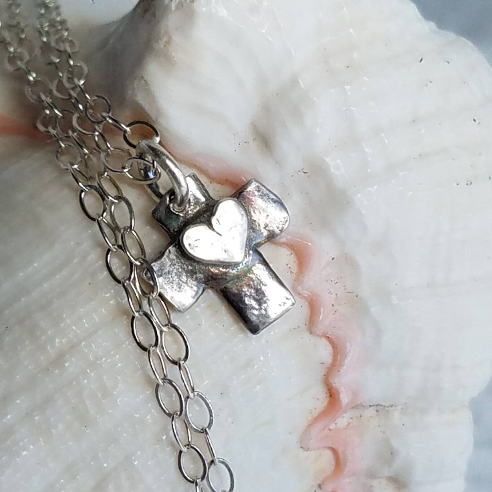 Tiny Fine Silver Cross With Heart Necklace Dainty Pmc Cross Etsy