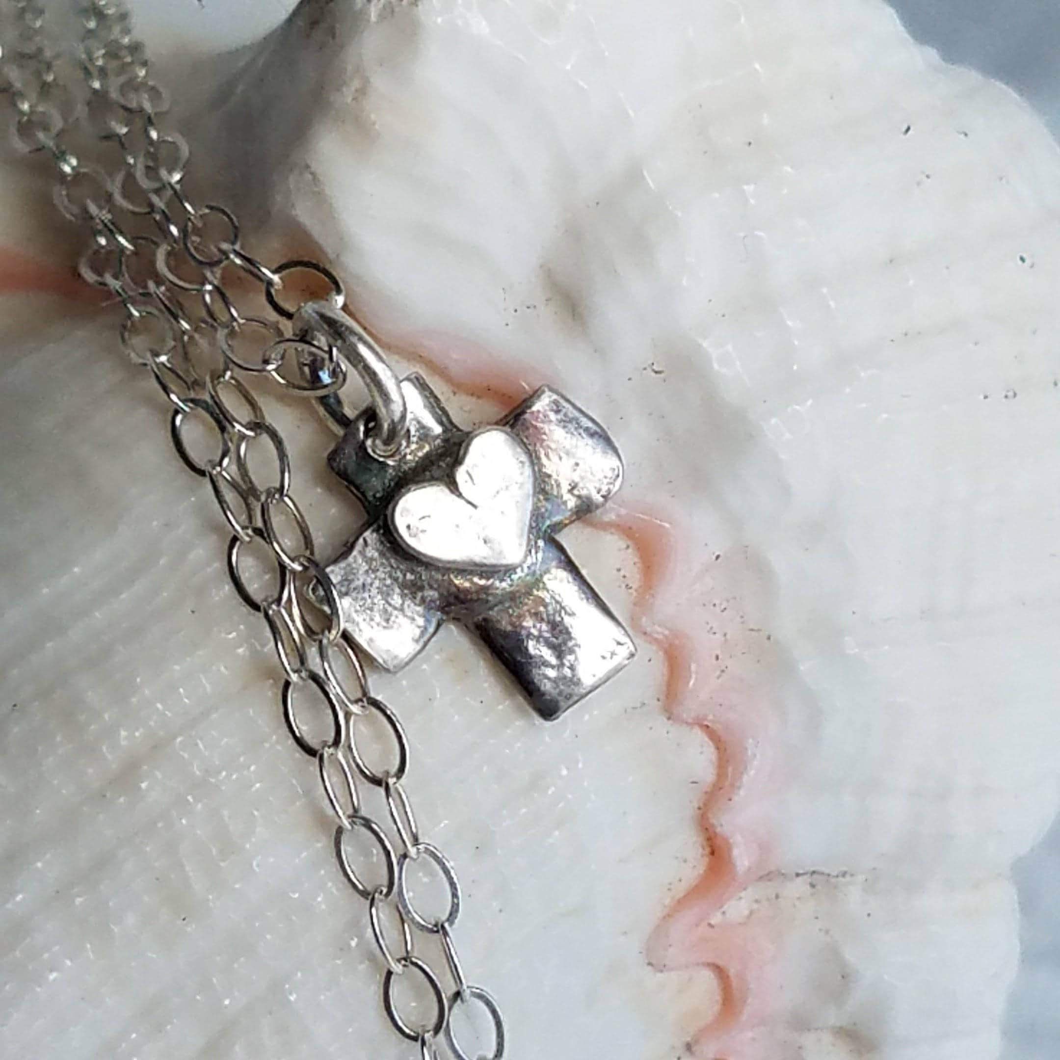 Tiny Fine silver Cross with Heart Necklace, Dainty Pmc Cross Necklace Small Silver Cross on Sterling Silver Chain, Religious Easter Gift