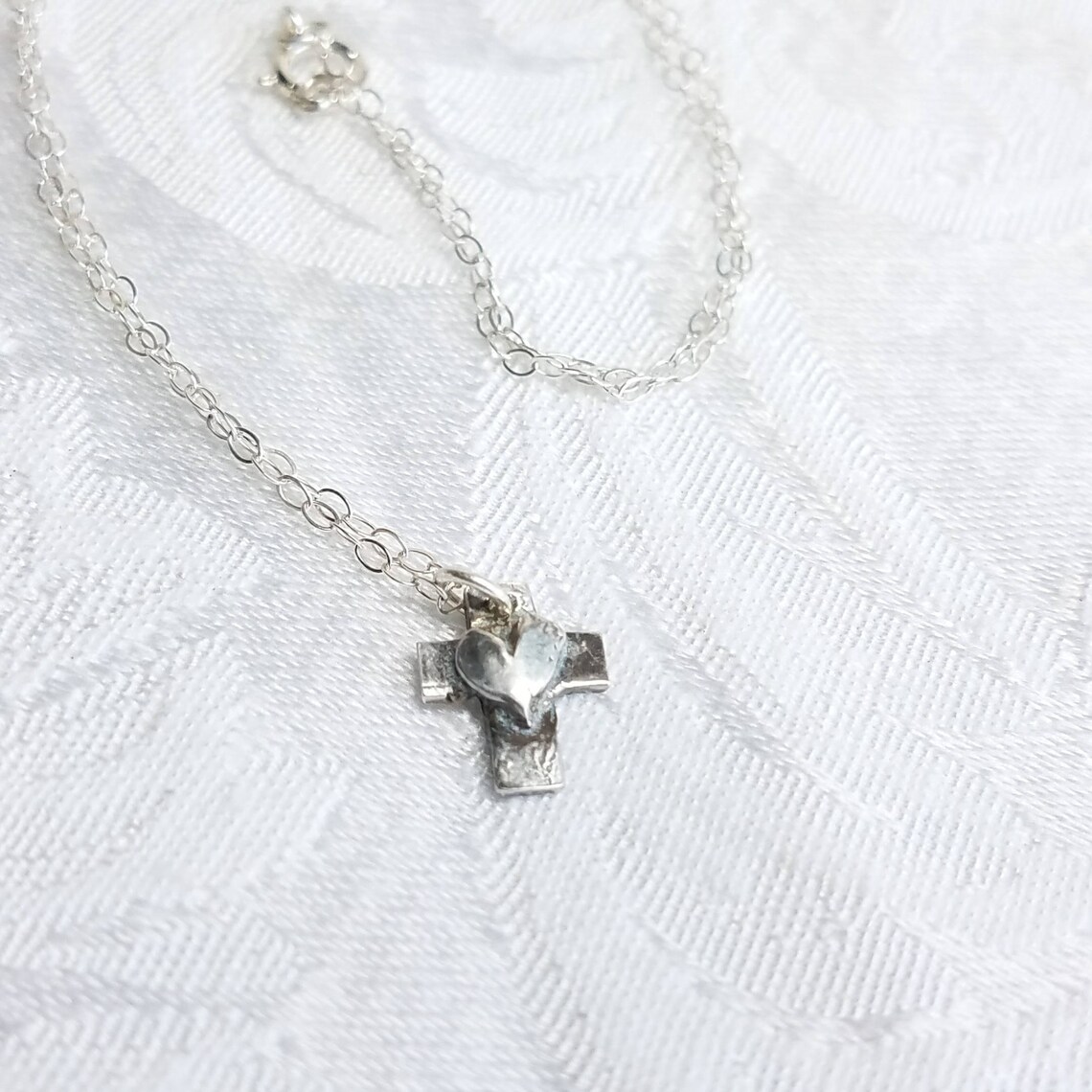 Tiny Fine Silver Cross With Heart Necklace Dainty Pmc Cross Etsy