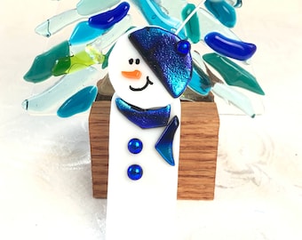 Made to Order Aqua Blue Fused Glass Snowman, Coworker gift Fused Glass, Snowman Christmas Ornament, Art Dichroic boy Ornament, Personalized