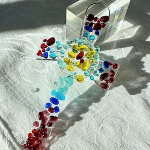 Rainbow Celtic Fused Glass Cross Suncatcher Red Blue Green Yellow glass art cross ornament
