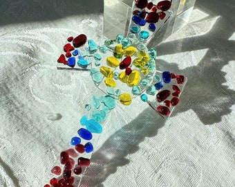 Rainbow Fused Glass Celtic Cross Suncatcher: Colorful Glass Art Ornament