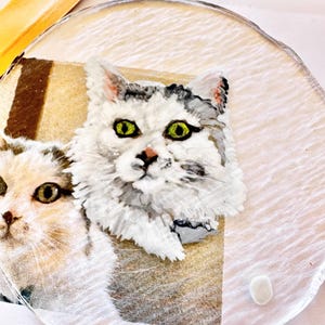 May include: A close-up of a white, gray, and black cat with green eyes. The cat is painted on a round, clear glass surface.