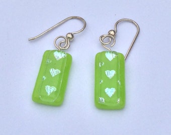 Fresh Apple Green Fused Glass Earrings,  Silver Heart Earrings, Lime Green Glass Earrings, Dichroic Jewelry, Green Jewelry, OOAK