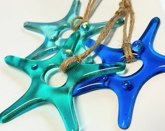 Fused Art Glass Dichroic Starfish Ornament, Star Aqua Green Blue Holiday Christmas Beach Art Decor Ocean ornament