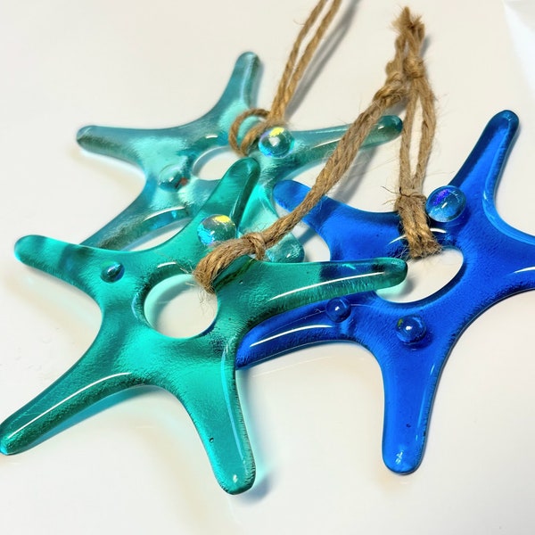 Fused Art Glass Dichroic Starfish Ornament, Star Aqua Green Blue Holiday Christmas Beach Art Decor Ocean ornament