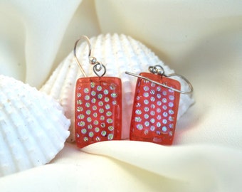 Peach and gold dot dichroic glass dangle fused glass earrings, Dichroic Dangles, Art Glass Earrings on Sterling