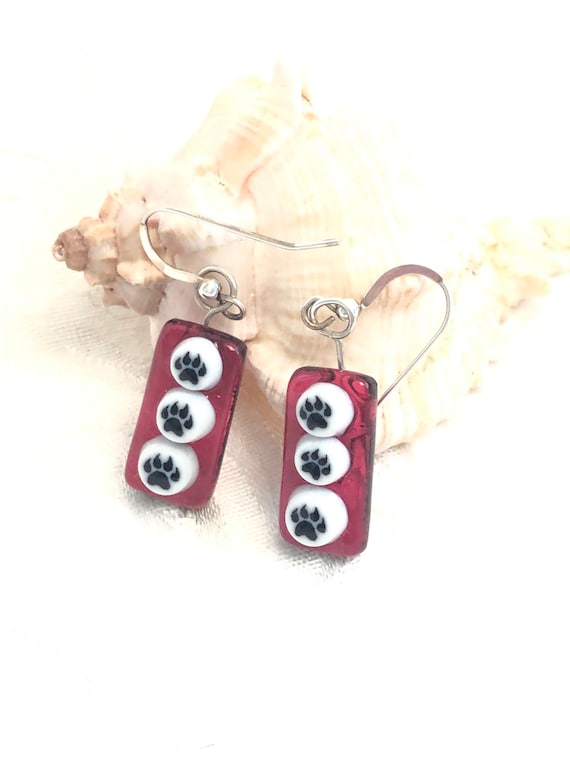 Artisan Dog Paw Fused Glass Earrings, Red Dog Lover Gift Art Glass Jewelry, Dichroic Glass Sterling Ear wires Dog Earrings, OOAK