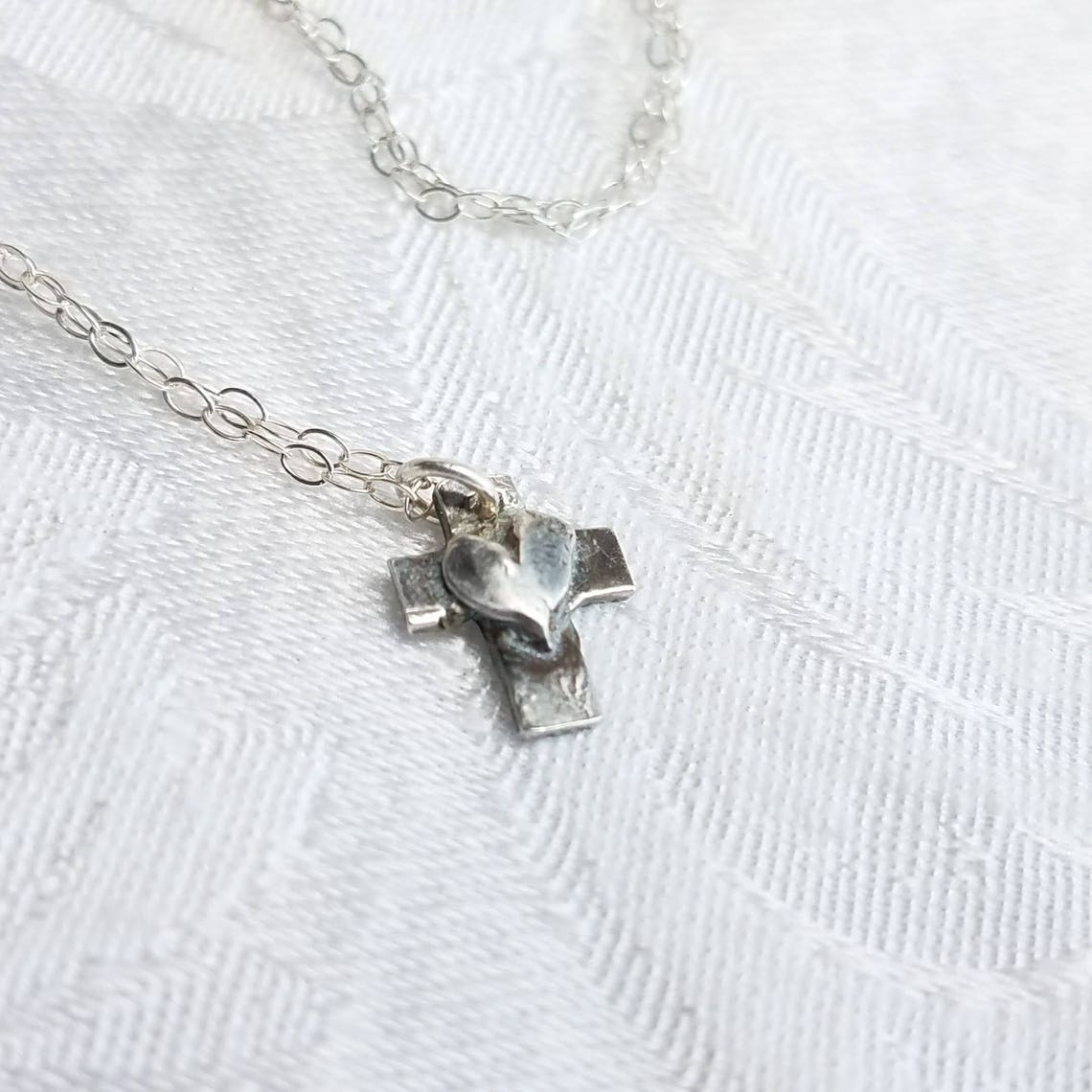 Tiny Fine Silver Cross With Heart Necklace Dainty Pmc Cross Etsy