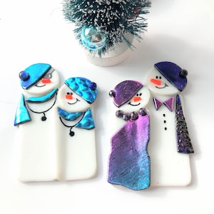 Made to order Custom Couple Fused Glass Snowman Ornaments, Unique Personalized Christmas Ornament, Art Glass Snowman
