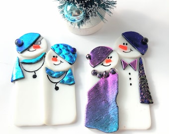 Made to order Custom Couple Fused Glass Snowman Ornaments, Unique Personalized Christmas Ornament, Art Glass Snowman