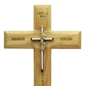 First Communion Wall Cross GIRL - Personalized Solid Oak & Brass Laser Engraved
