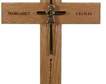 Baptism Wall Cross GIRL Personalized Solid Oak & Brass Laser Engraved