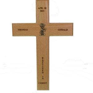 Baptism Wall Cross BOY Personalized Solid Oak & Pewter Laser Engraved
