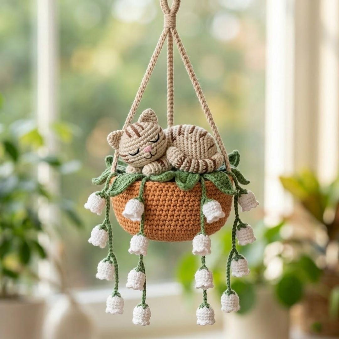 Handmade Crochet Grey Tabby Cat Sleeping in Lily of the Valley Pot ...