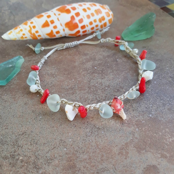CORAL AND CULTURED Seaglass anklet, adjustable anklet, beachy, shell anklet, genuine red Coral anklet, beaded anklet, boho crochet