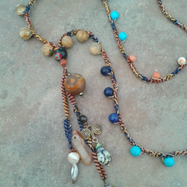 Boho crocheted long layering necklace, colorful, beachy, gemstone, charms, boho crochet, charm necklace,  long layering