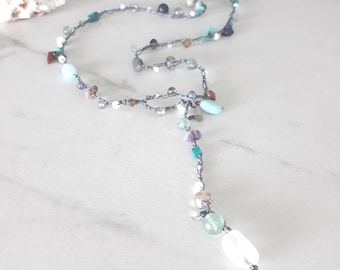Crocheted gemstone lariat, everyday, beaded, colorful, boho chic, beachy, 25"