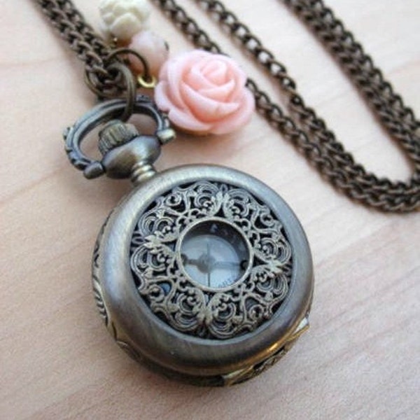 The Romantic Touch - A Cream and Pink Roses Pocket Watch Necklace