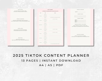 TikTok Content Planner, 2025 Social Media Tracker, Printable Business Planner