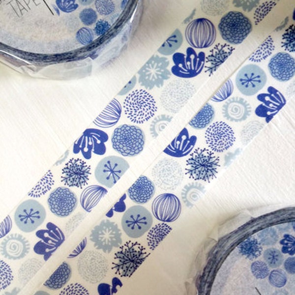 MiriKulo:rer Illustration Series Japanese Washi Masking Tape / Textile Blue Flowers for labeling, scrapbooking, packaging