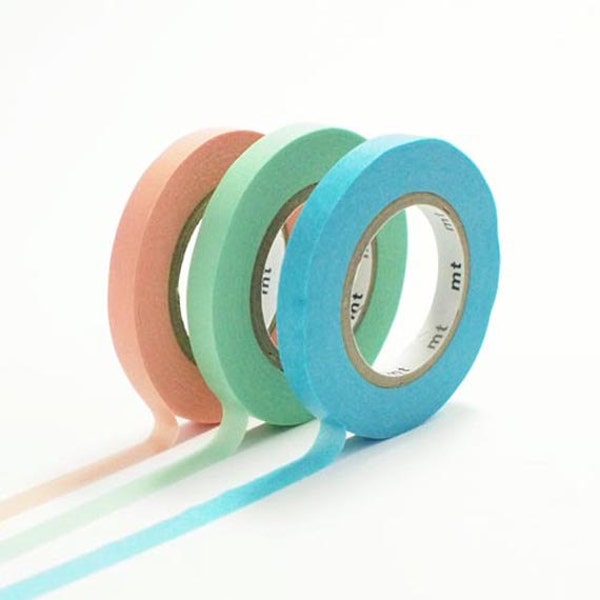 Discontinued-Japanese Washi Masking Tapes / 6mm Slim Peach, Mentha Green & Sky Blue (B) for Decorations, Packaging, Baby Shower, Weddings