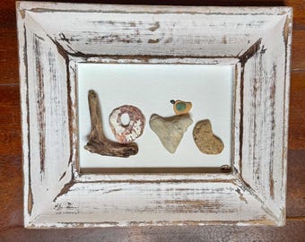 Rustic Framed LOVE Art | 5x7 Beach Stone & Driftwood Collage | Sea-Inspired Gift