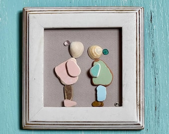 Whispers Between Friends. Original Pebble and Sea Glass Art in 4x4 wood Frame.