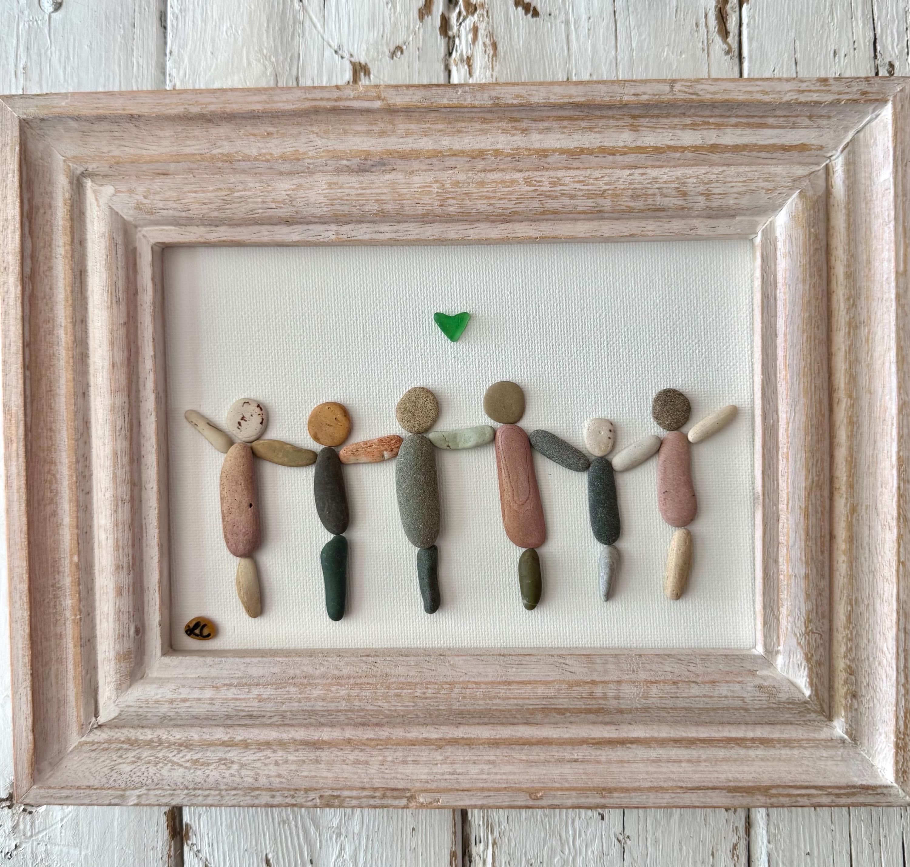 Framed Pebble Art Family with Sea Glass Heart – Handmade Beach Stone Home Decor, Rustic Gift for Parents or Grandparents