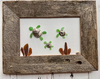 Sea Turtle Trio-4x6 sea glass art in rustic wood frame