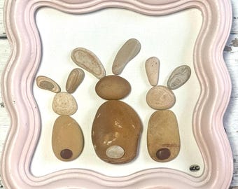 Handmade pebble art bunny rabbit framed decoration. Rustic coastal inspired and Spring or Easter gift. Nursery decor.