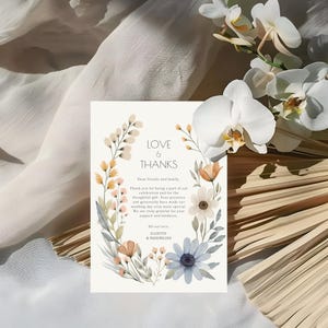 Modello di biglietto di ringraziamento per matrimonio con fiori di campo, biglietto di ringraziamento per giardino floreale, ghirlanda di fiori di campo, matrimonio cottagecore modificabile, amore e ringraziamenti