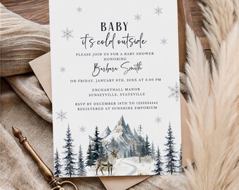Baby It’s Cold Outside Invitation, Winter Woodland Snowflake Baby Shower Template, Gender Neutral Invitation, Cozy Forest Baby Shower, BC44