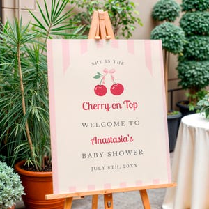 Cherry on Top Baby Shower Welcome Sign, Pink Bow Cherry Theme, Coquette Baby Shower Decor, Printable Sign, Girl Baby Shower Poster, CT44