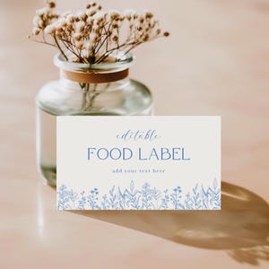 Kaartsjabloon Wildflower Buffet, stoffige blauwe bruiloft voedseletiketten, etentje voedseletiketten, aangepaste voedselborden, boho vrijgezellenfeest voedselkaart