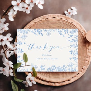 Merci pour la douche nuptiale minimaliste bleu poussiéreux, carte de remerciement bohème, fleurs sauvages de mariage, remerciement pour la future Mme, modèle de toile imprimable
