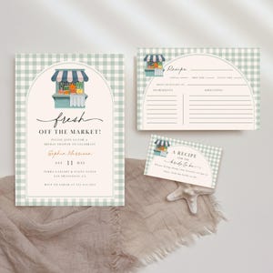 Uitnodigingsset vrijgezellenfeest, She's Off the Market rustieke boerderijuitnodiging, groene gingang-receptkaart en receptverzoekkaart