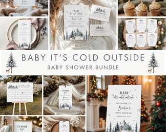 Baby It’s Cold Outside Bundle, Winter Woodland Baby Shower Invitation, Signs, Games & Decor Set, BC44