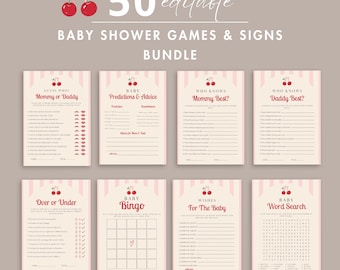 Cherry Baby Shower Games Bundle: Pink Bow Coquette Theme (Canva Template, Digital Download), CT44