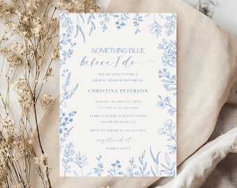 Plantilla de invitación para despedida de soltera "Algo azul antes de irme", invitación floral azul, invitación con flores silvestres azul polvoriento, MM01