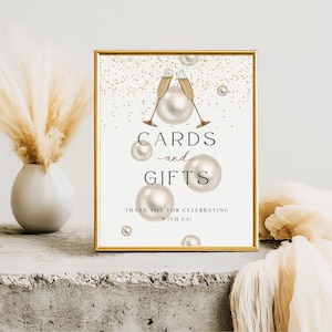 Pearls and Prosecco Cards and Gifts Sign, Editable Bridal Shower Table Sign, Champagne Brunch Decor, Classic Luxury Prosecco Shower Sign