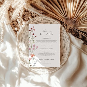 Boho Wildflower Wedding Details Card Template: Rustic Cottagecore Invitation Insert (Digital Download 4.5x6.25&quot;)