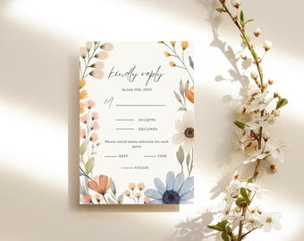 Boho Wedding RSVP Card Template, Wildflower Printable RSVP, Wedding Reply Card, Cottagecore Invitation Insert, RSVP Cards for Wedding