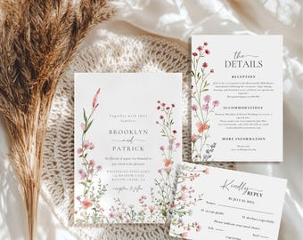 Wildflower Wedding Invitation Suite, Boho Floral Invite, Cottagecore Wedding Template, RSVP & Detail Card, Editable Canva Wedding Suite