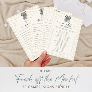 Off the Market Bridal Shower Game Bundle, Beige Gingham Farmers Market Game & Sign Pack, Couples Shower Games, Bridal Brunch Activities